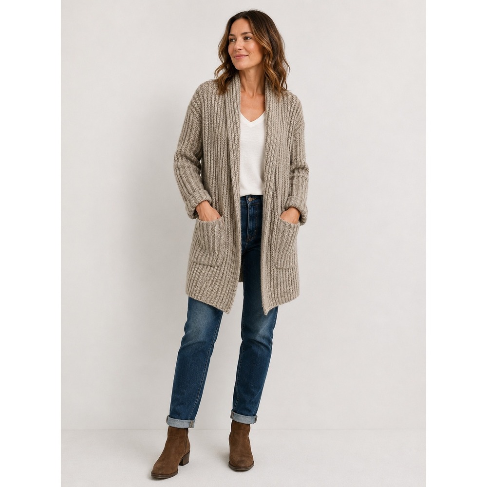LOFT Cardigan Sweater Womens Large Beige Wool Silk Blend Ribbed Open Front Cozy